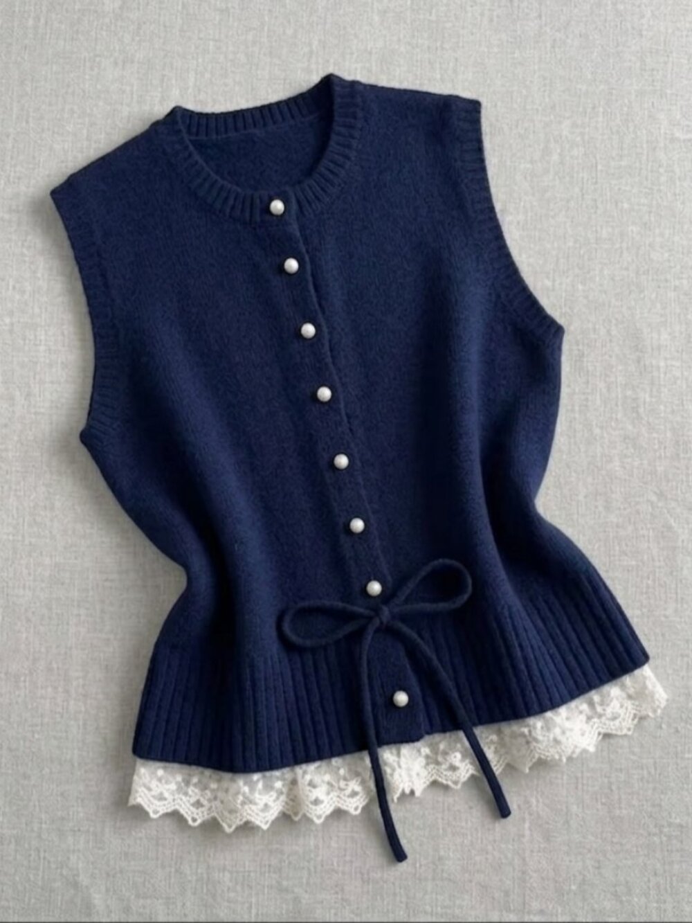 Pearl Button Bow Accent Knit Vest – Navy Blue